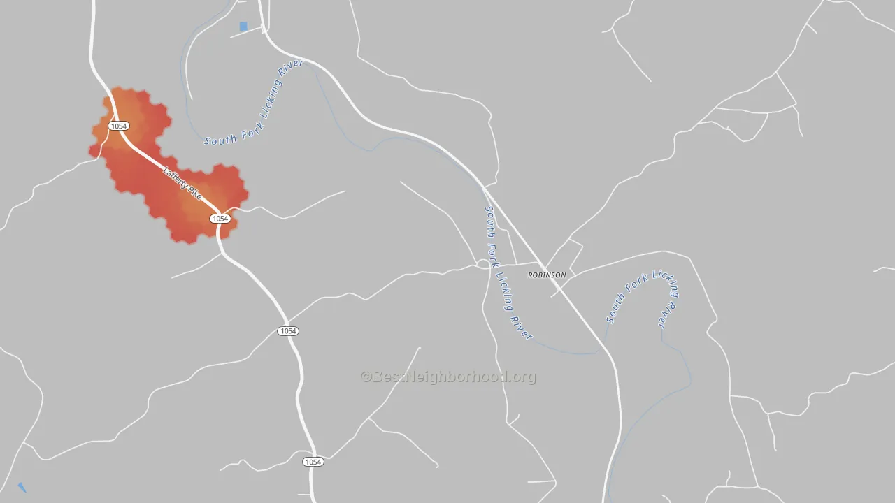 Walk Grade map of Robinson, KY, walkable areas in green and car-dependent areas in red