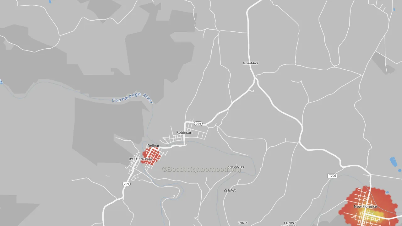 Walk Grade map of Robinson, PA, walkable areas in green and car-dependent areas in red