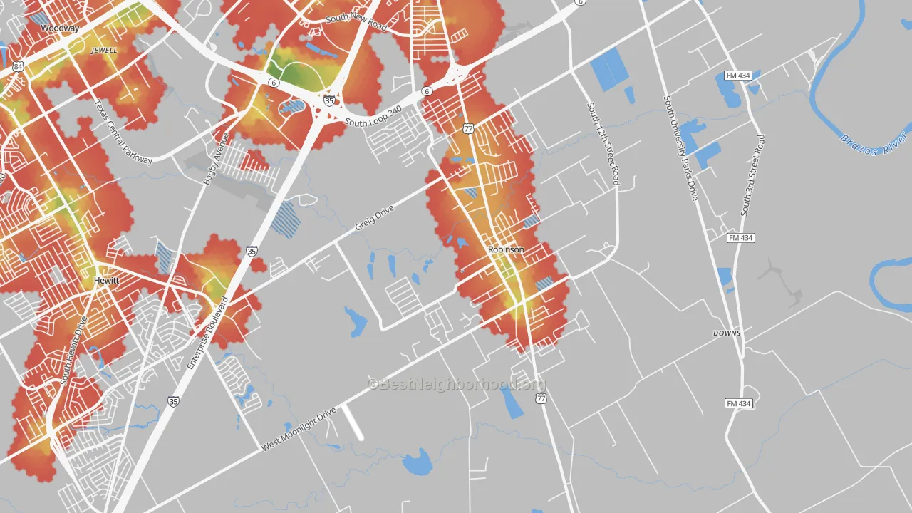 Walk Grade map of Robinson, TX, walkable areas in green and car-dependent areas in red