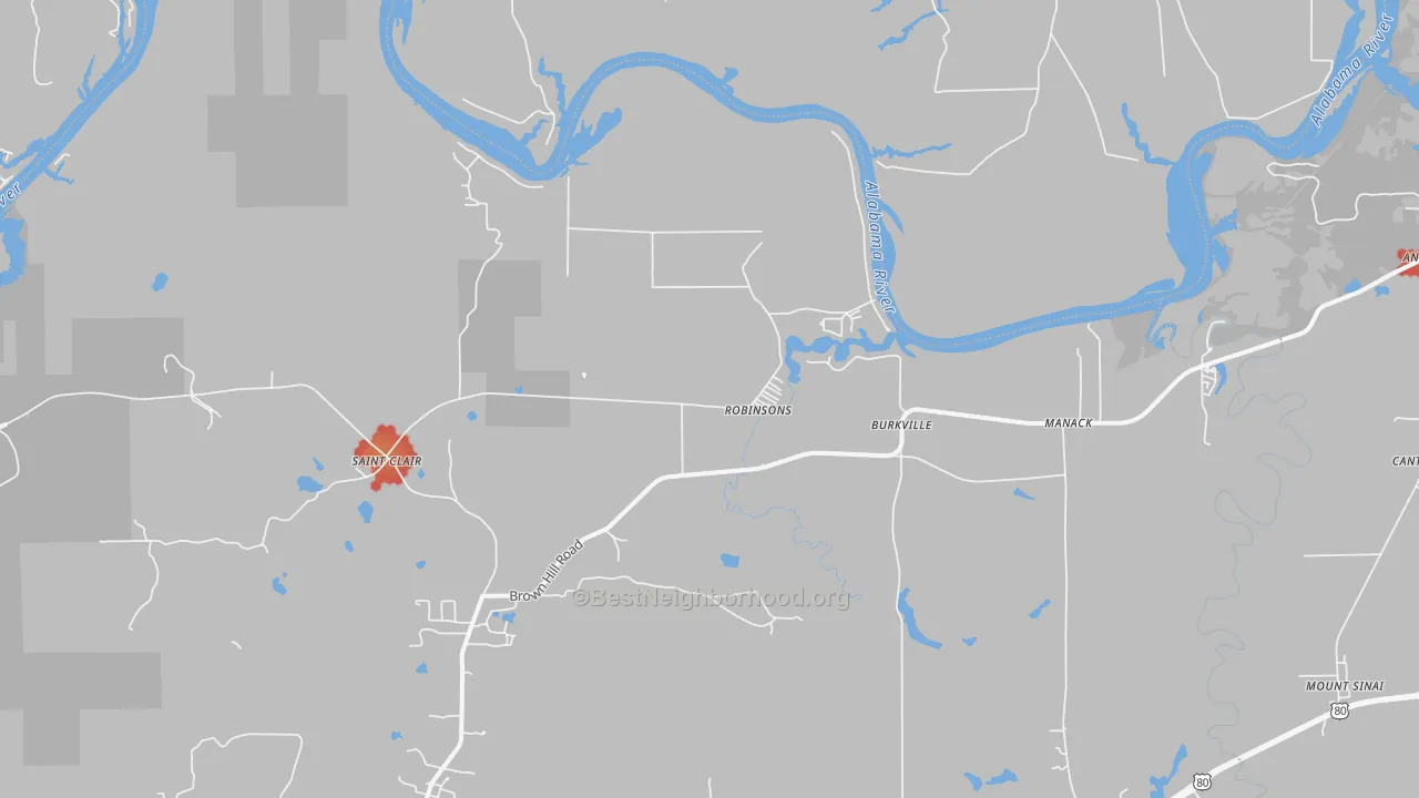 Walk Grade map of Robinsons, AL, walkable areas in green and car-dependent areas in red