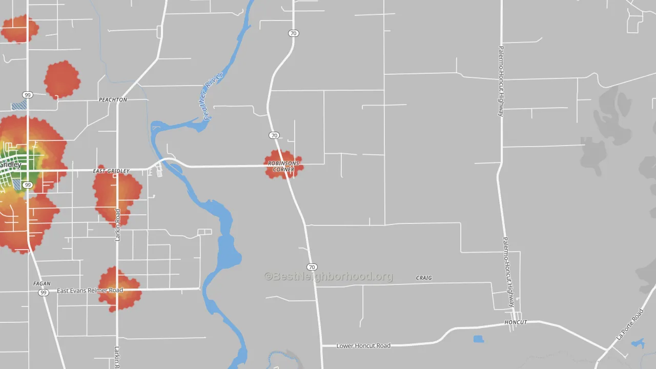 Walk Grade map of Robinsons Corner, CA, walkable areas in green and car-dependent areas in red