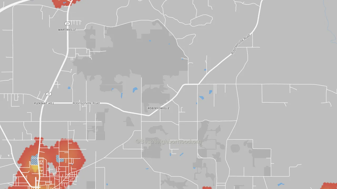 Walk Grade map of Robinsonville, AL, walkable areas in green and car-dependent areas in red