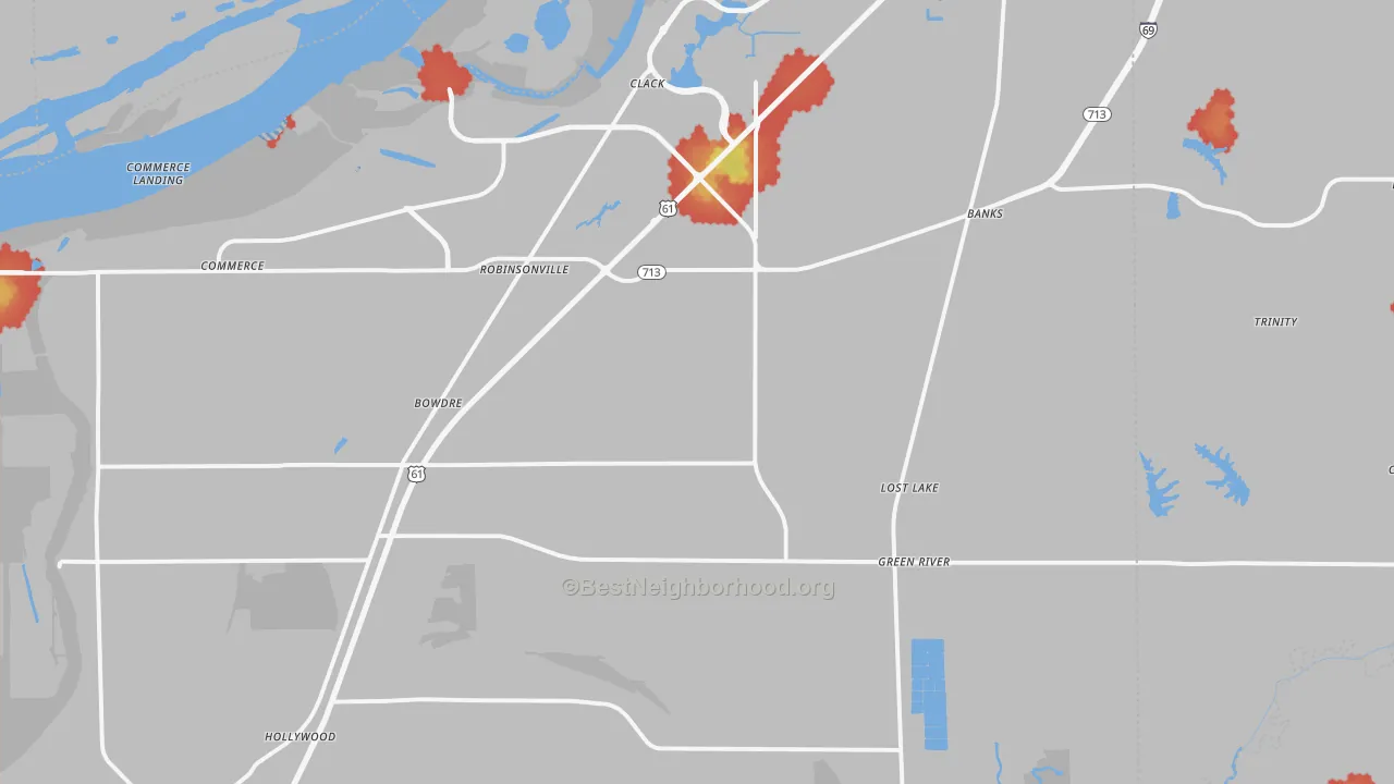 Walk Grade map of Robinsonville, MS, walkable areas in green and car-dependent areas in red