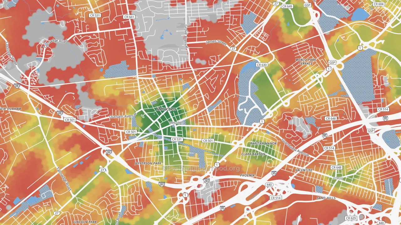 Walk Grade map of Robinvale, Metuchen, NJ, walkable areas in green and car-dependent areas in red