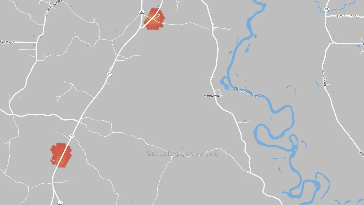 Walk Grade map of Robinwood, MS, walkable areas in green and car-dependent areas in red