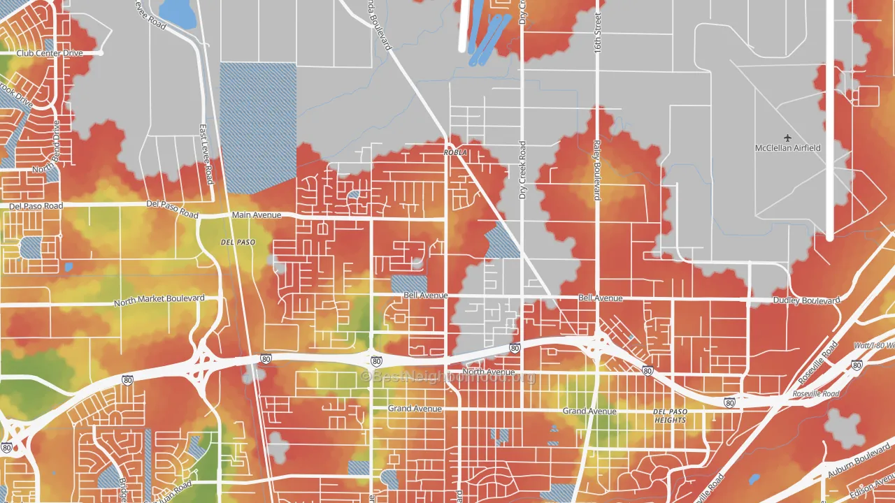 Walk Grade map of Robla, Sacramento, CA, walkable areas in green and car-dependent areas in red