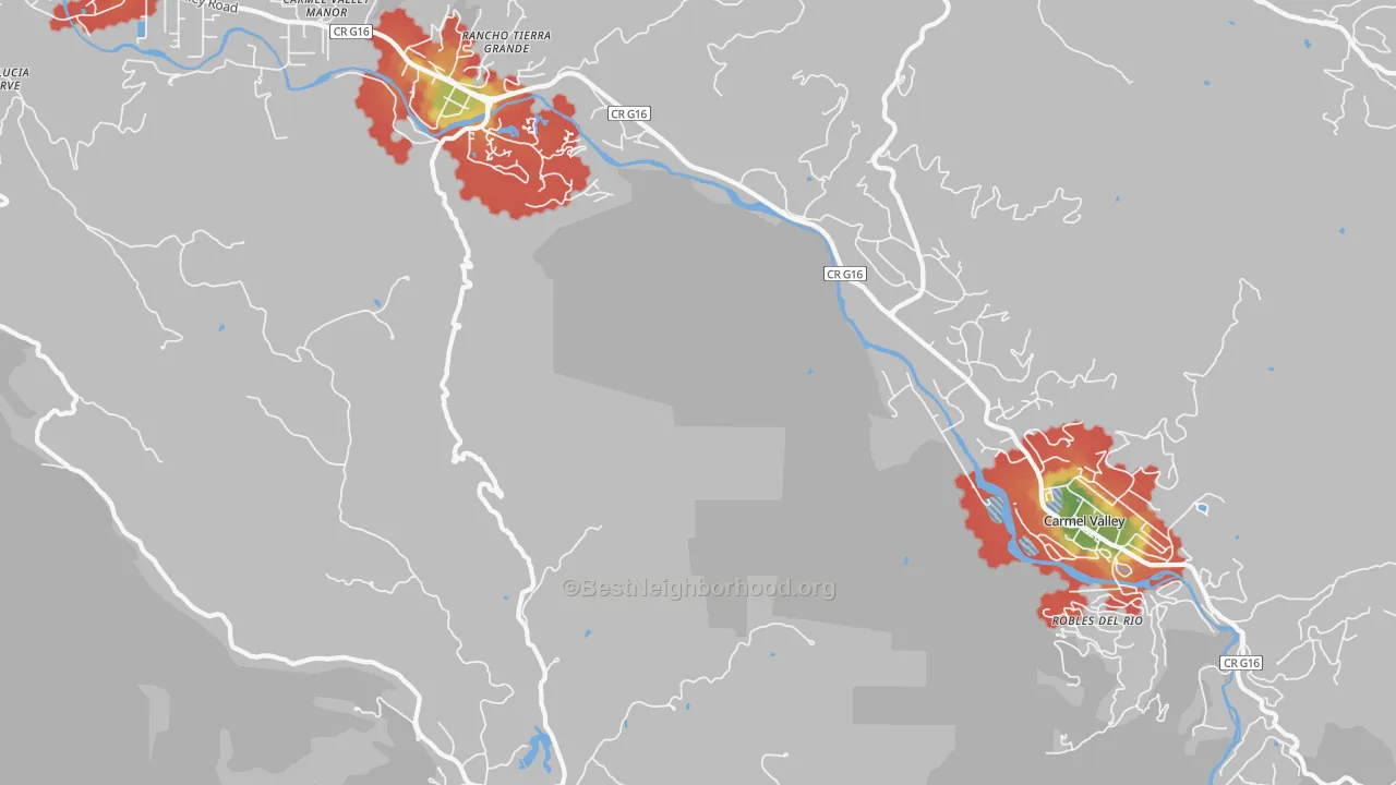 Walk Grade map of Robles Del Rio, CA, walkable areas in green and car-dependent areas in red