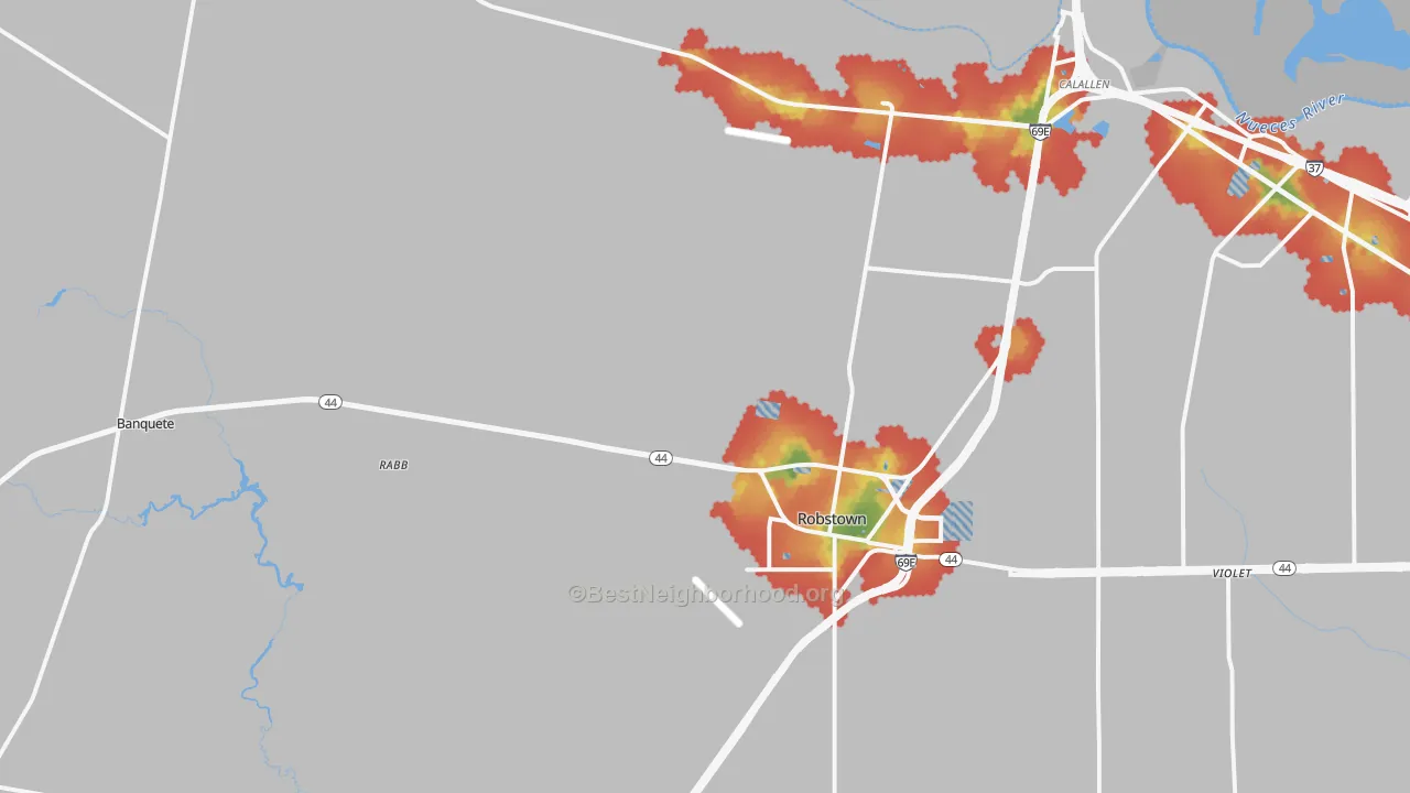 Walk Grade map of Robstown, TX, walkable areas in green and car-dependent areas in red