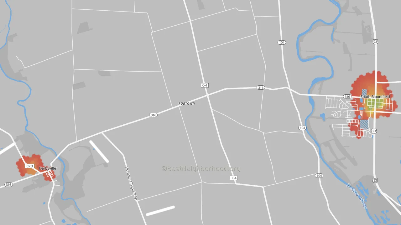 Walk Grade map of Robtown, OH, walkable areas in green and car-dependent areas in red
