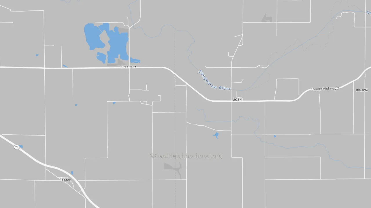 Walk Grade map of Roby, IL, walkable areas in green and car-dependent areas in red