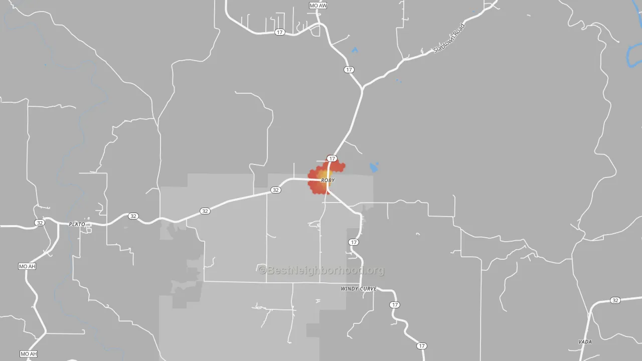 Walk Grade map of Roby, MO, walkable areas in green and car-dependent areas in red