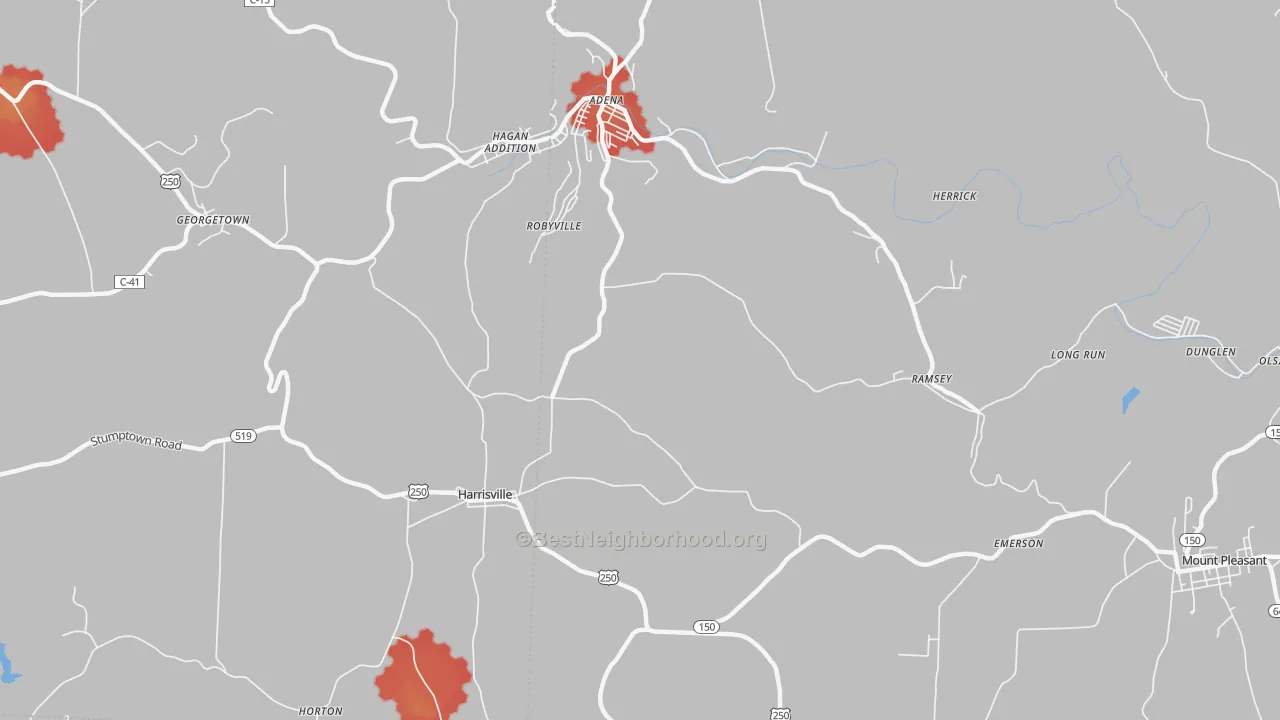 Walk Grade map of Robyville, OH, walkable areas in green and car-dependent areas in red