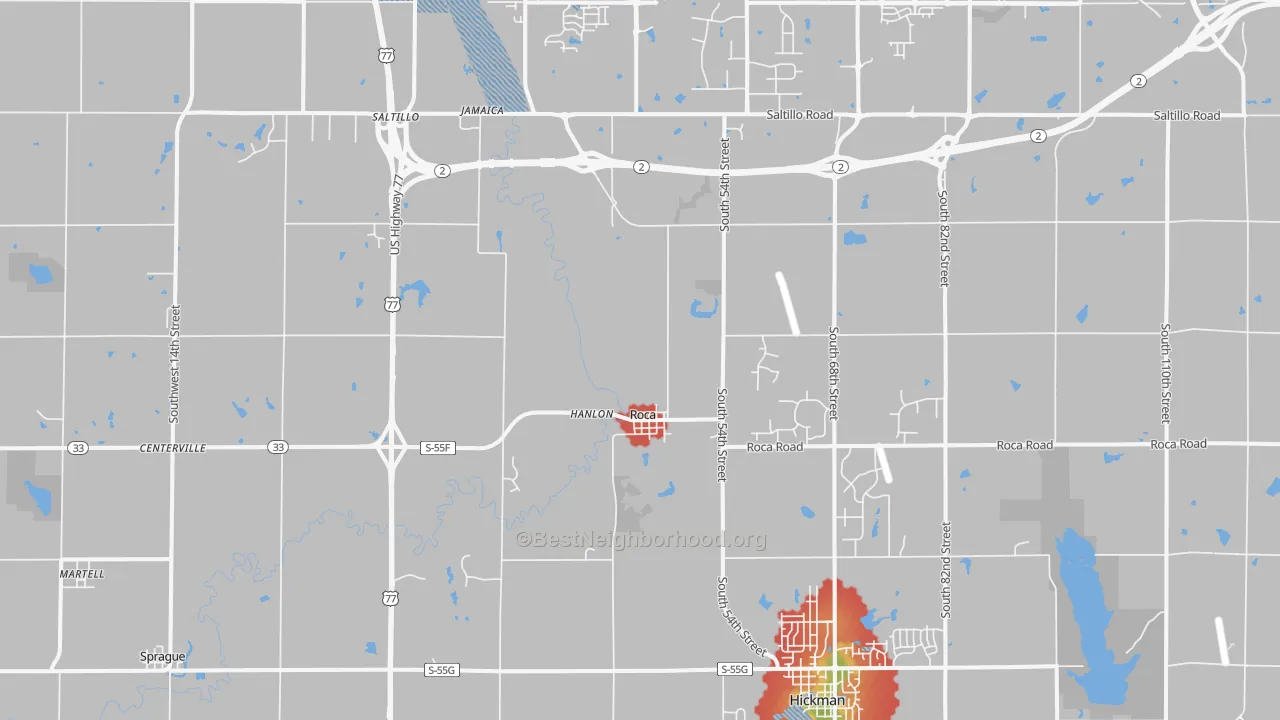Walk Grade map of Roca, NE, walkable areas in green and car-dependent areas in red