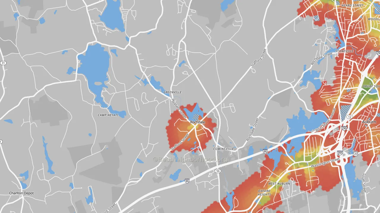 Walk Grade map of Rochdale, MA, walkable areas in green and car-dependent areas in red