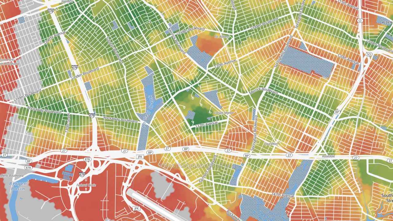 Walk Grade map of Rochdale Village, Queens, NY, walkable areas in green and car-dependent areas in red