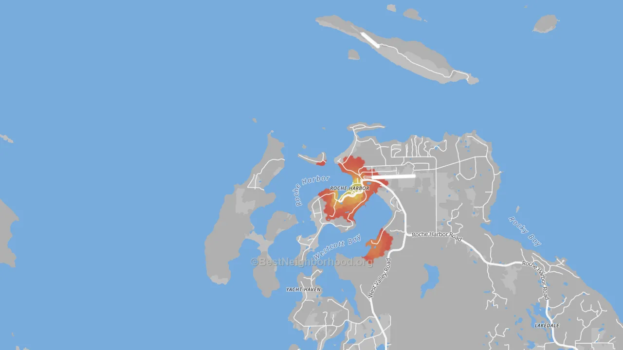 Walk Grade map of Roche Harbor, WA, walkable areas in green and car-dependent areas in red