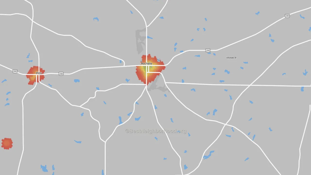 Walk Grade map of Rochelle, GA, walkable areas in green and car-dependent areas in red