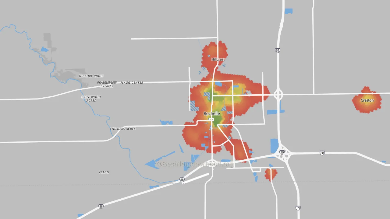 Walk Grade map of Rochelle, IL, walkable areas in green and car-dependent areas in red