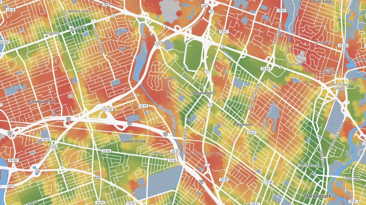 Walk Grade map of Rochelle Park, NJ, walkable areas in green and car-dependent areas in red