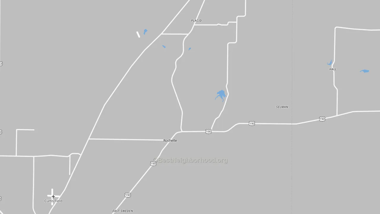 Walk Grade map of Rochelle, TX, walkable areas in green and car-dependent areas in red