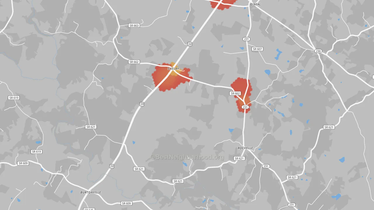Walk Grade map of Rochelle, VA, walkable areas in green and car-dependent areas in red