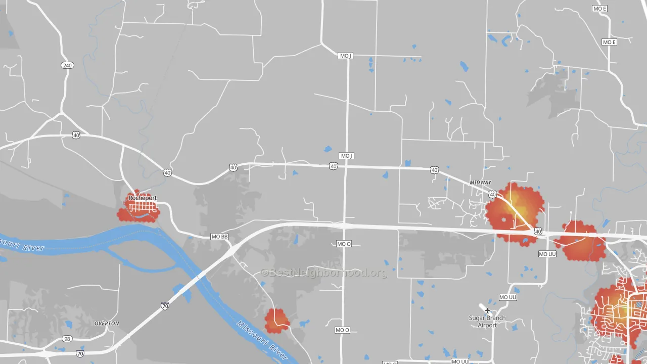 Walk Grade map of Rocheport, MO, walkable areas in green and car-dependent areas in red