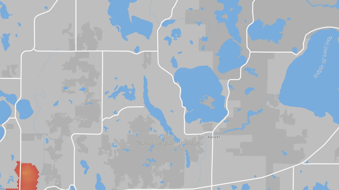 Walk Grade map of Rochert, MN, walkable areas in green and car-dependent areas in red
