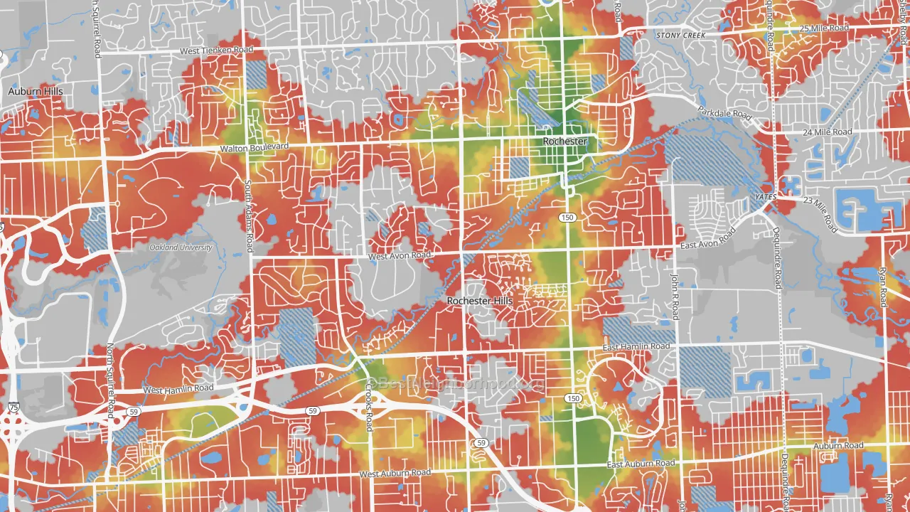Walk Grade map of Rochester Hills, MI, walkable areas in green and car-dependent areas in red