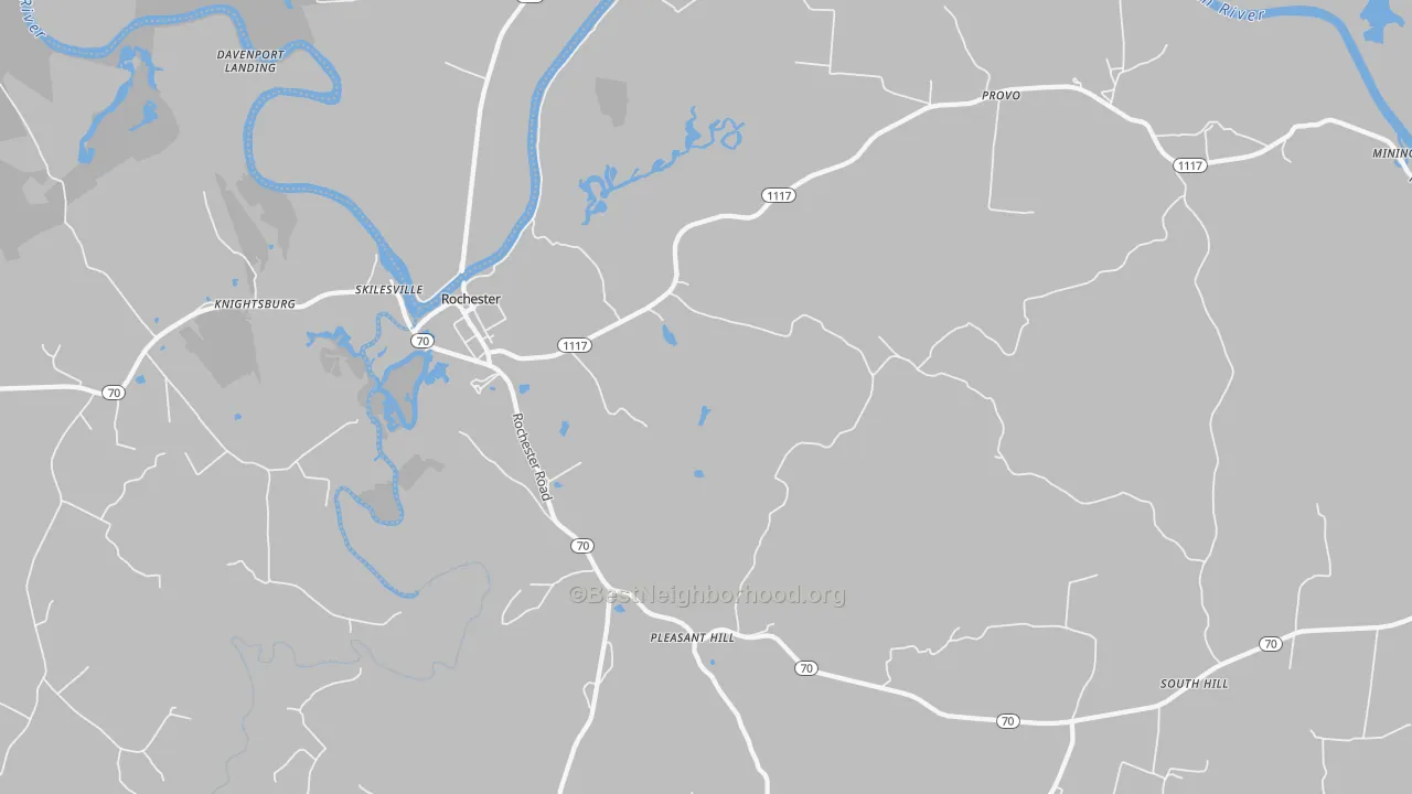 Walk Grade map of Rochester, KY, walkable areas in green and car-dependent areas in red