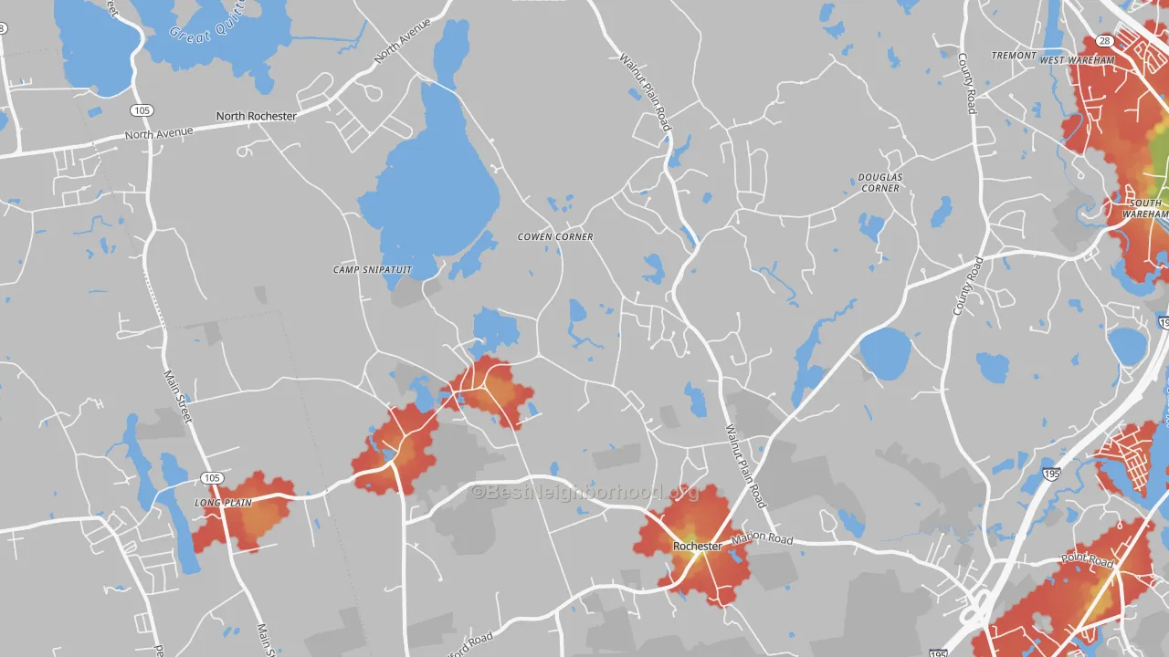 Walk Grade map of Rochester, MA, walkable areas in green and car-dependent areas in red