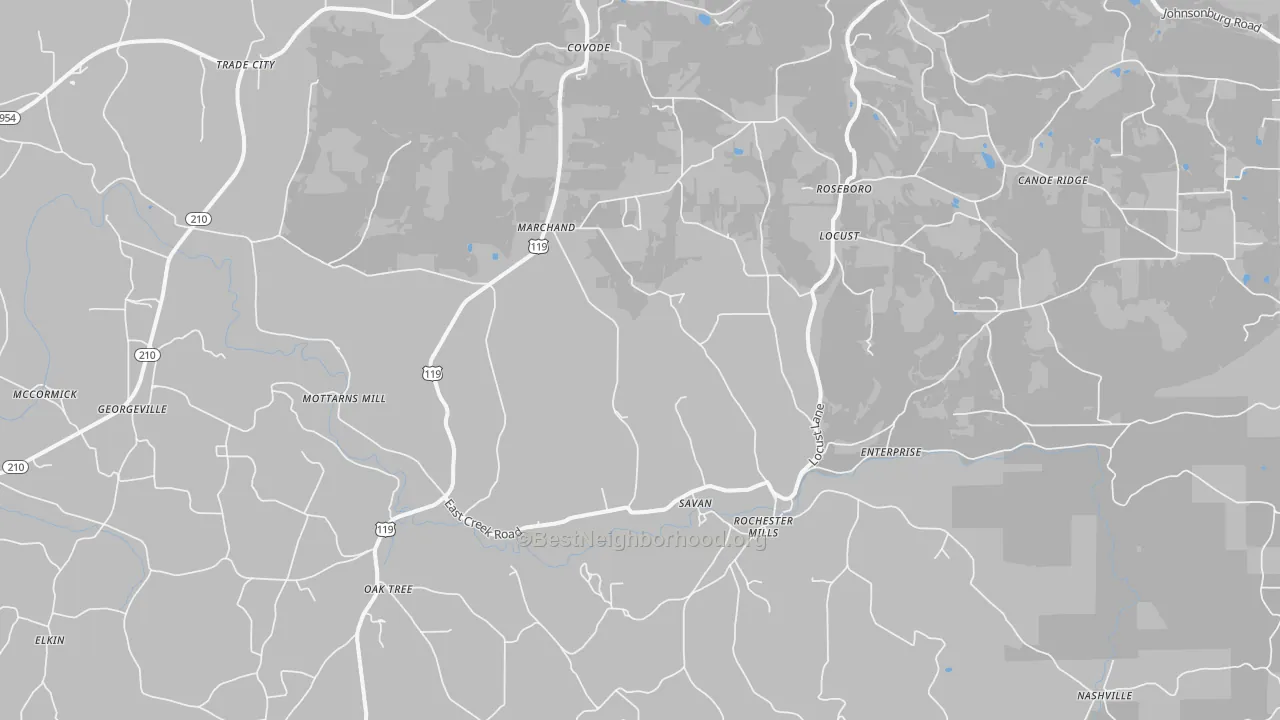 Walk Grade map of Rochester Mills, PA, walkable areas in green and car-dependent areas in red