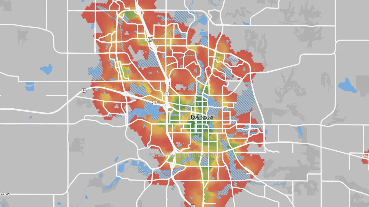 Walk Grade map of Rochester, MN, walkable areas in green and car-dependent areas in red