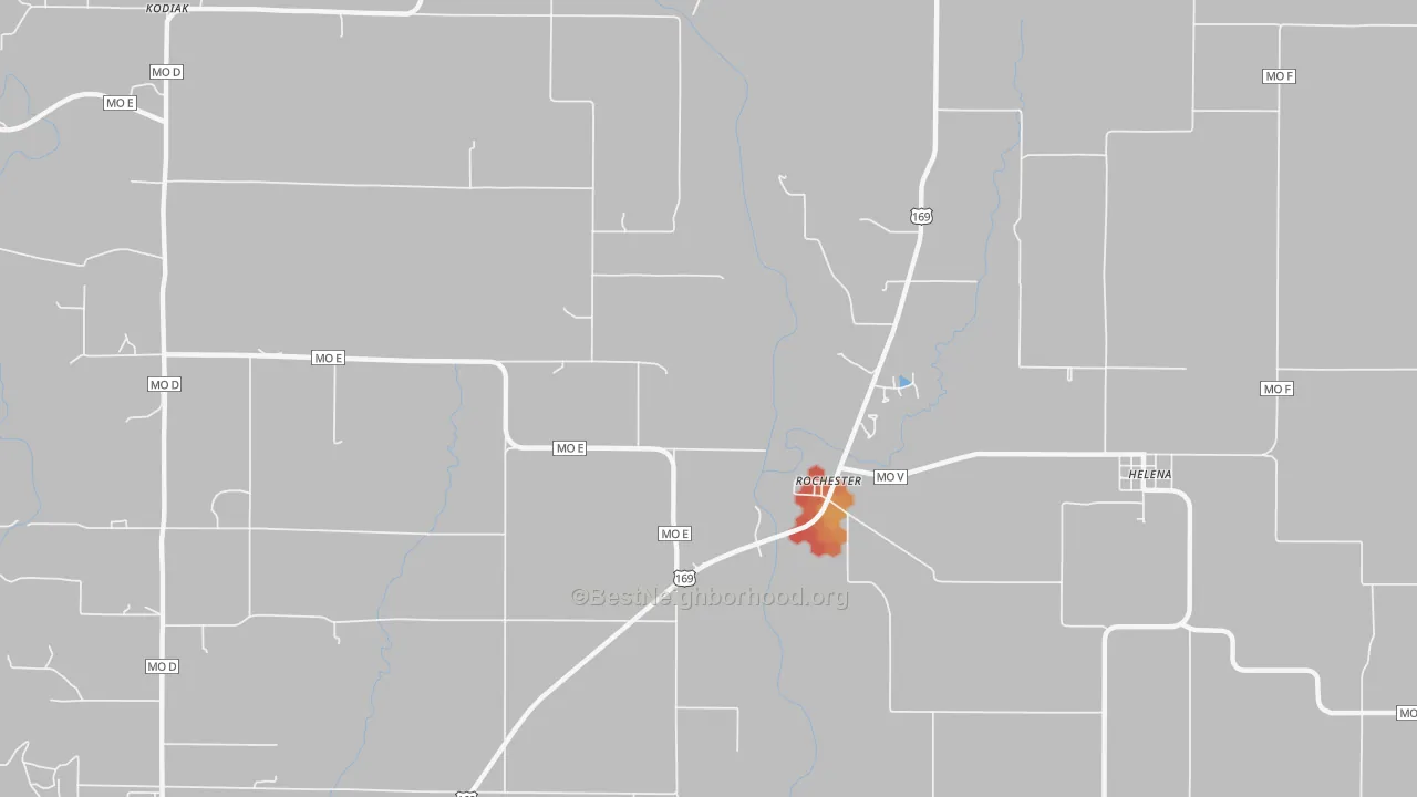 Walk Grade map of Rochester, MO, walkable areas in green and car-dependent areas in red