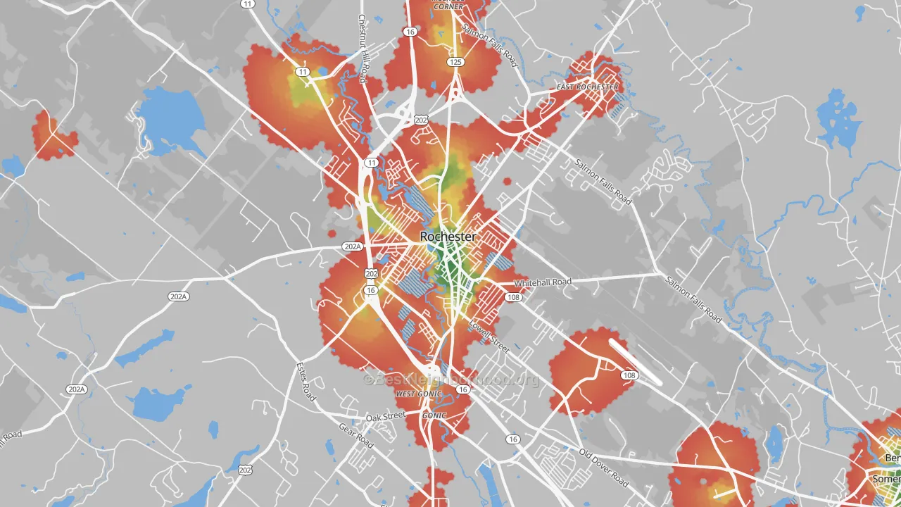 Walk Grade map of Rochester, NH, walkable areas in green and car-dependent areas in red