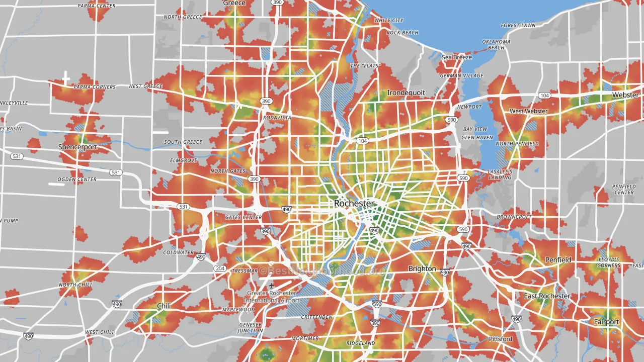 Walk Grade map of Rochester, NY, walkable areas in green and car-dependent areas in red