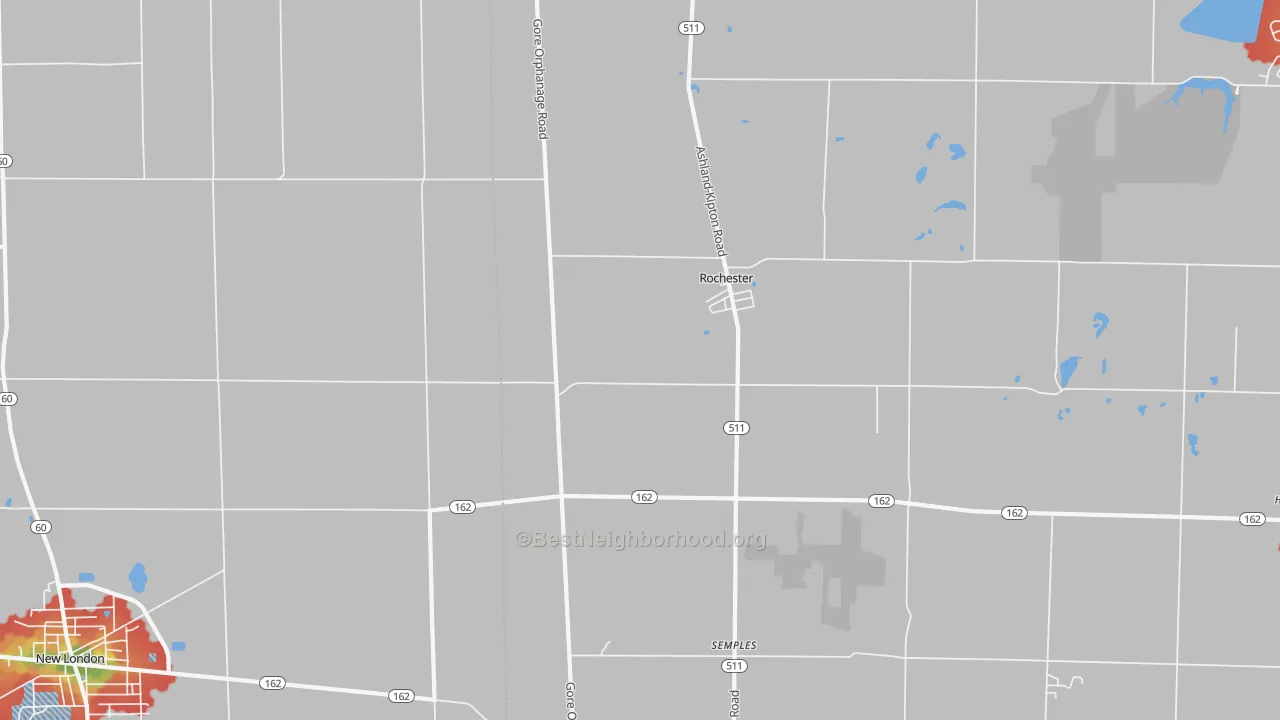 Walk Grade map of Rochester, OH, walkable areas in green and car-dependent areas in red