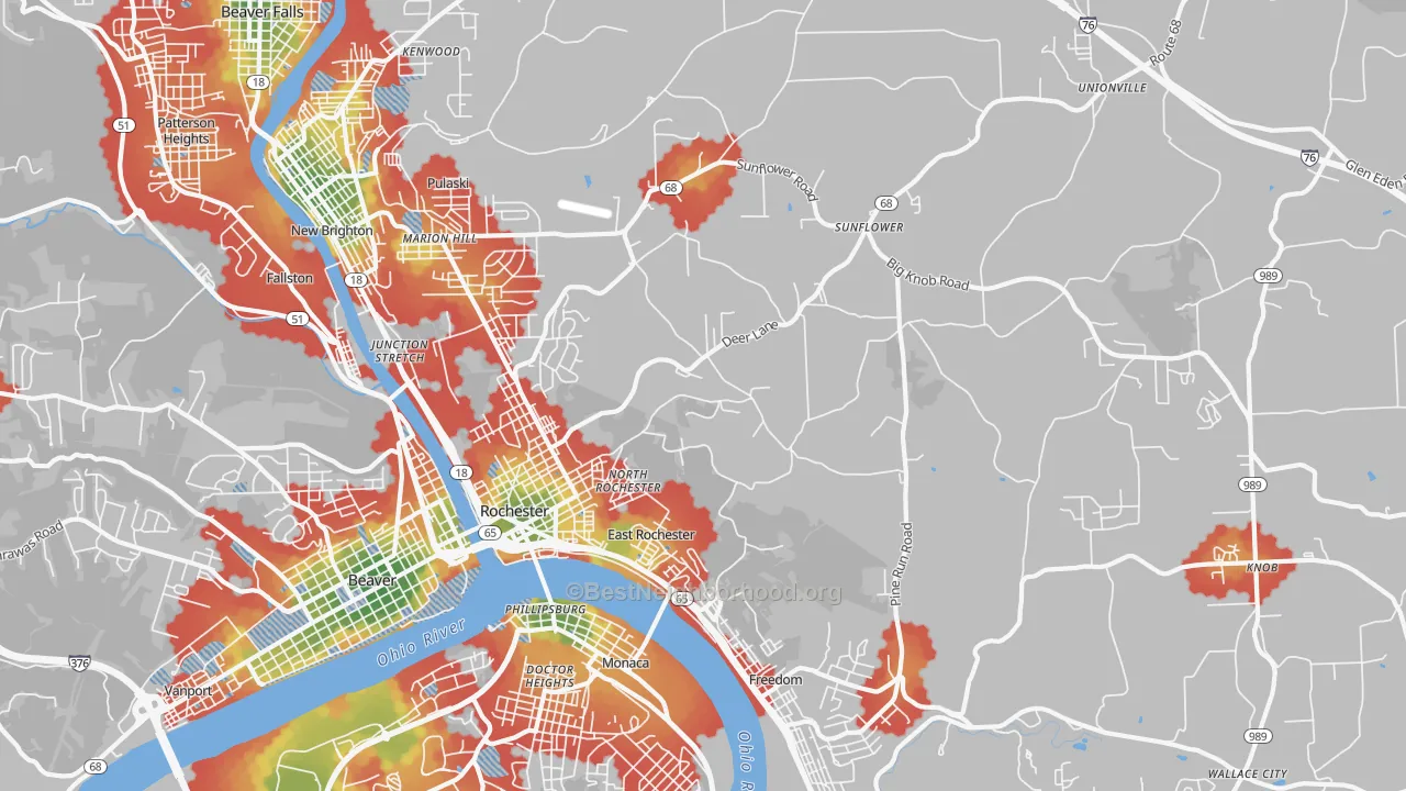 Walk Grade map of Rochester, PA, walkable areas in green and car-dependent areas in red