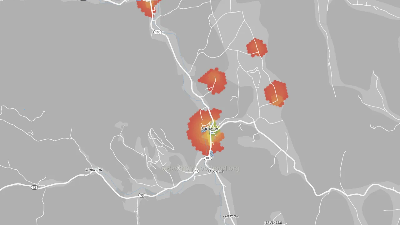 Walk Grade map of Rochester, VT, walkable areas in green and car-dependent areas in red