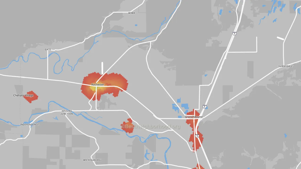 Walk Grade map of Rochester, WA, walkable areas in green and car-dependent areas in red
