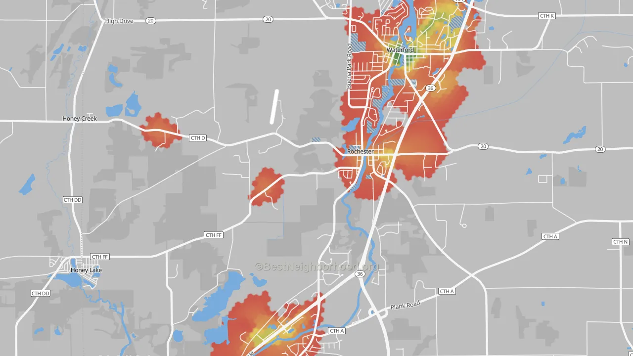 Walk Grade map of Rochester, WI, walkable areas in green and car-dependent areas in red