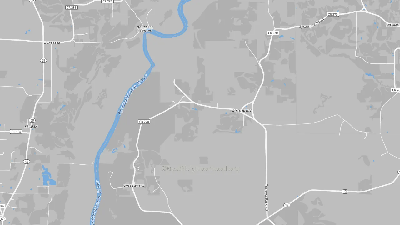 Walk Grade map of Rock Bluff, FL, walkable areas in green and car-dependent areas in red