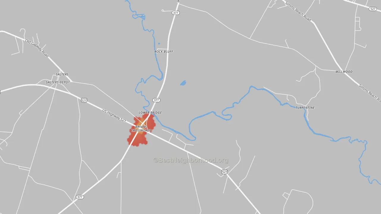 Walk Grade map of Rock Bluff, SC, walkable areas in green and car-dependent areas in red