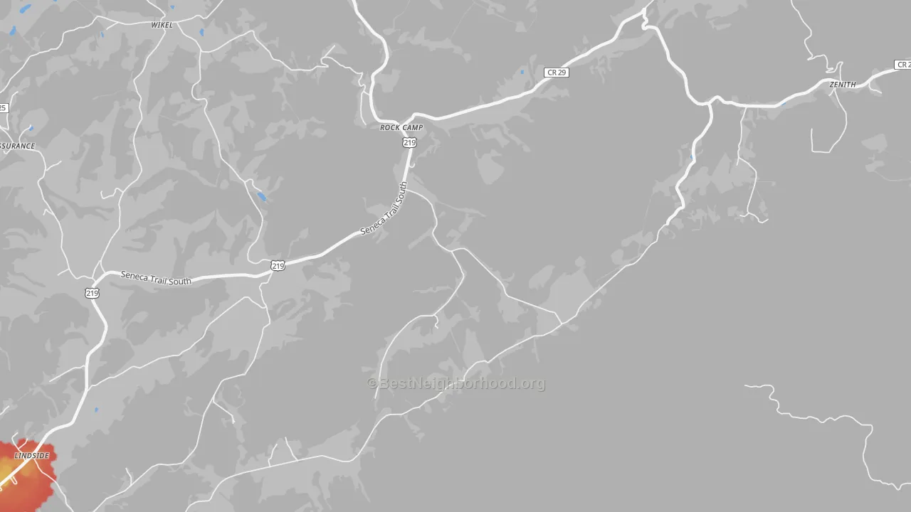 Walk Grade map of Rock Camp, WV, walkable areas in green and car-dependent areas in red