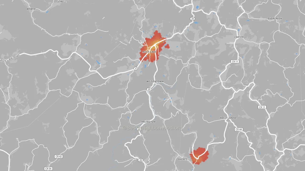 Walk Grade map of Rock Cave, WV, walkable areas in green and car-dependent areas in red