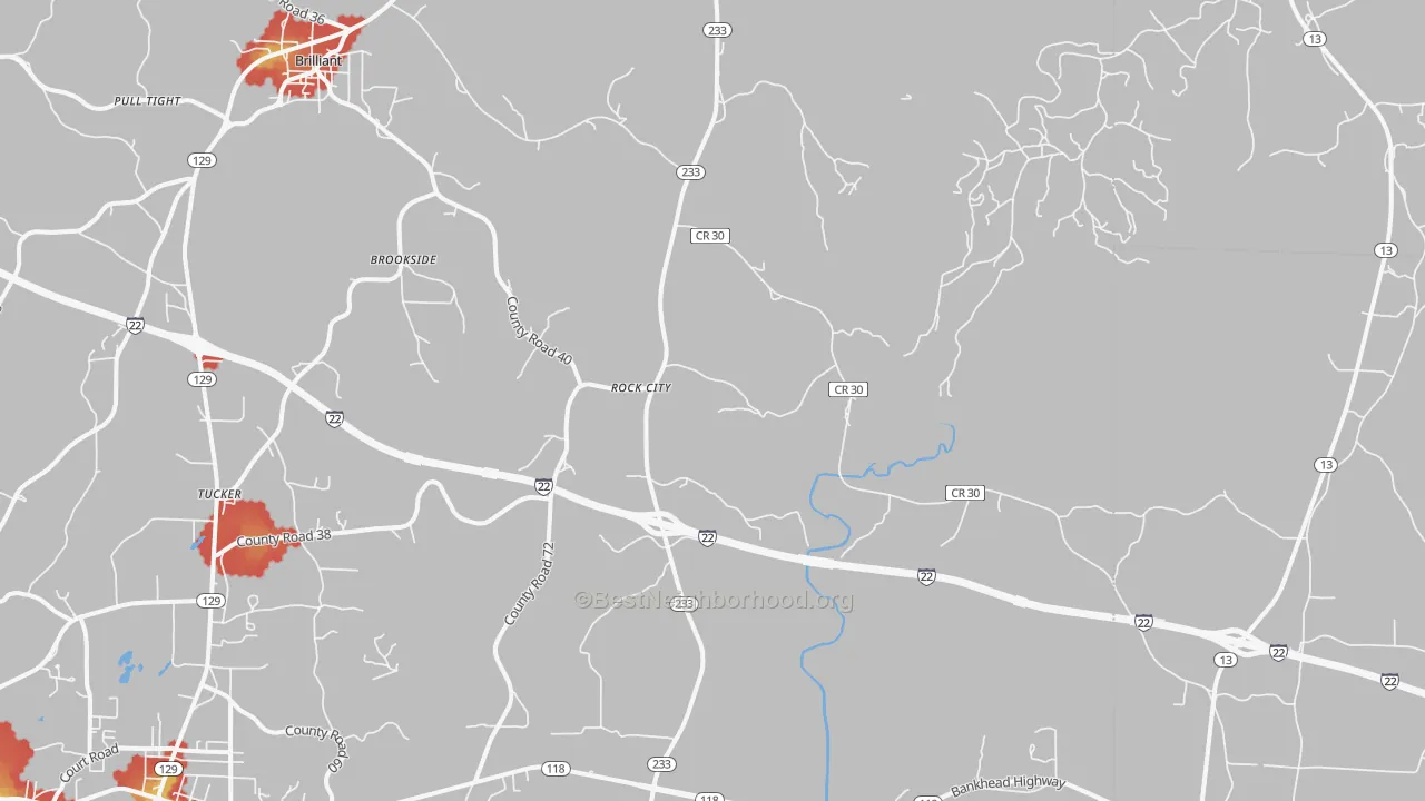 Walk Grade map of Rock City, AL, walkable areas in green and car-dependent areas in red