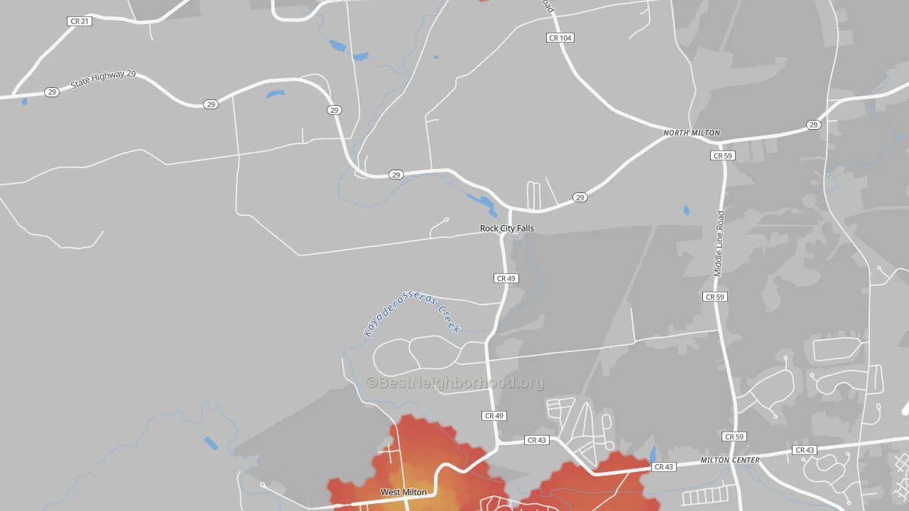 Walk Grade map of Rock City Falls, NY, walkable areas in green and car-dependent areas in red