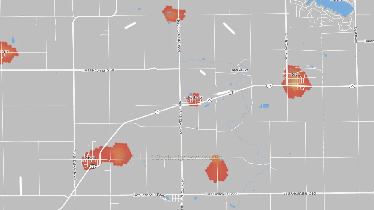 Walk Grade map of Rock City, IL, walkable areas in green and car-dependent areas in red