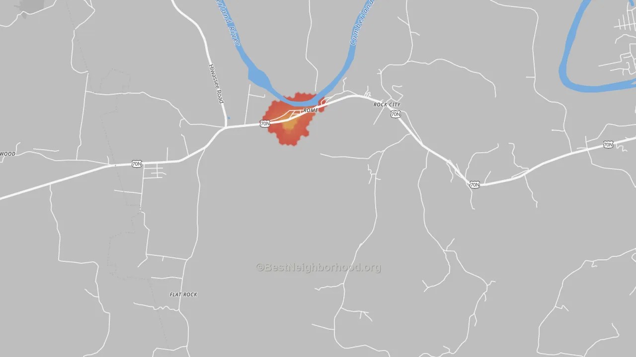 Walk Grade map of Rock City, TN, walkable areas in green and car-dependent areas in red