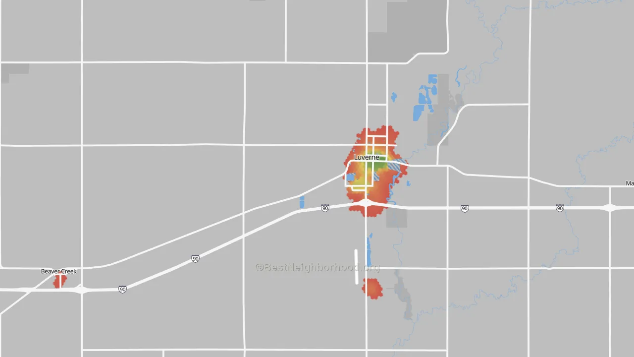 Walk Grade map of Rock County, MN, walkable areas in green and car-dependent areas in red