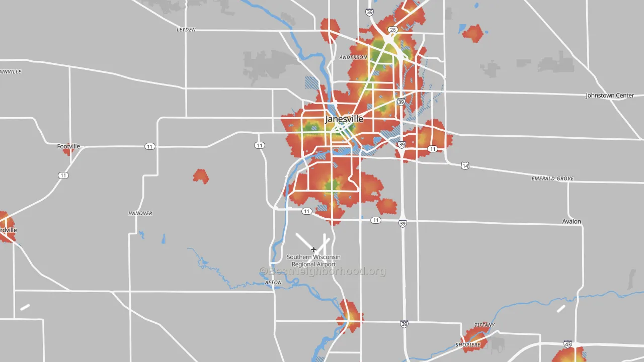 Walk Grade map of Rock County, WI, walkable areas in green and car-dependent areas in red